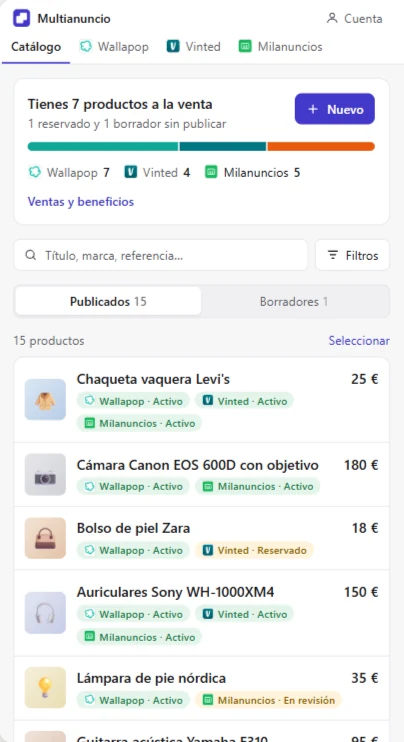 Catálogo con los productos y en qué plataformas está cada uno