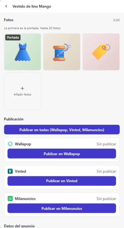 Editor de producto con el botón Publicar en todas