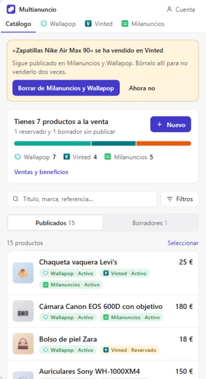 Aviso de producto vendido en Vinted con el botón para borrarlo de las demás